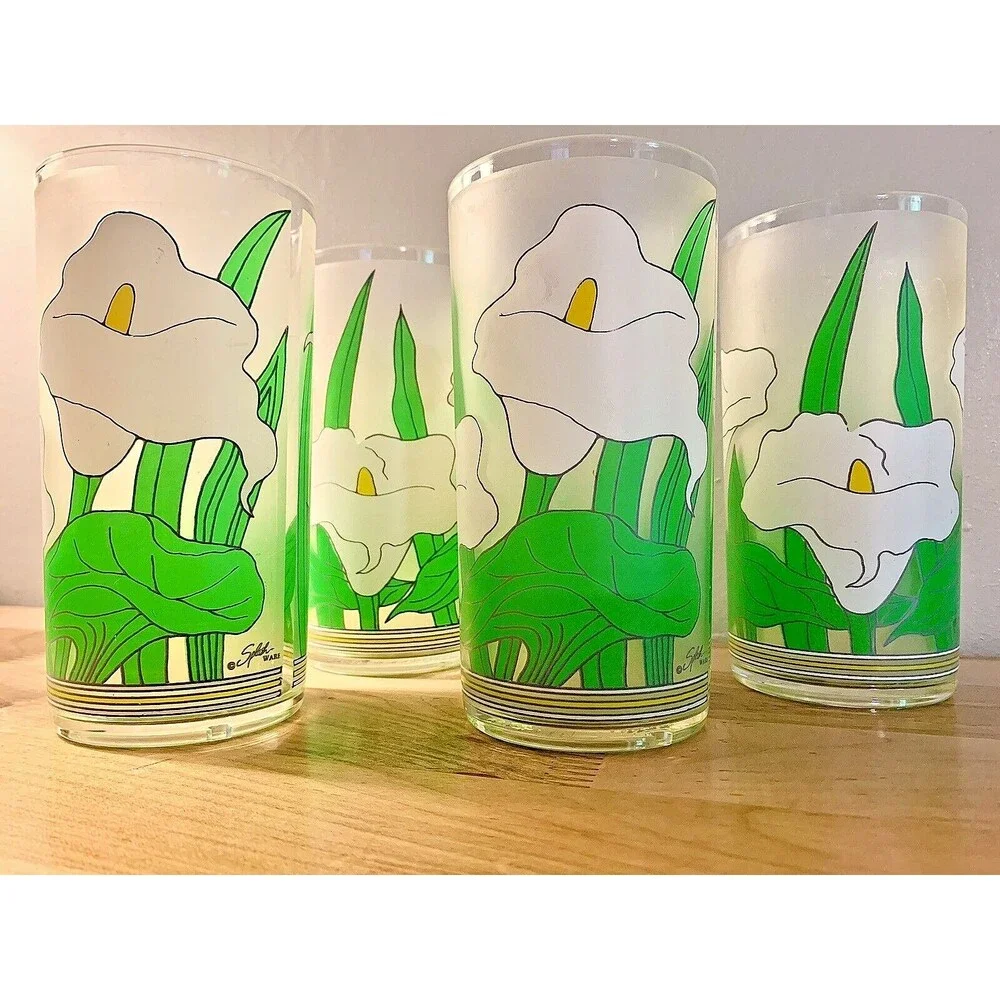 VTG Calla Lily Frosted Tumblers 4 Set 1980s Splash Ware Acrylic Cups 16 oz Retro